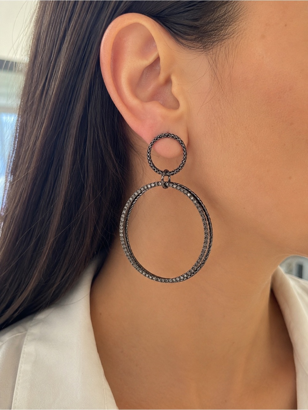 Zara Blackened Silver Double Hoop Earrings with Pave Detail